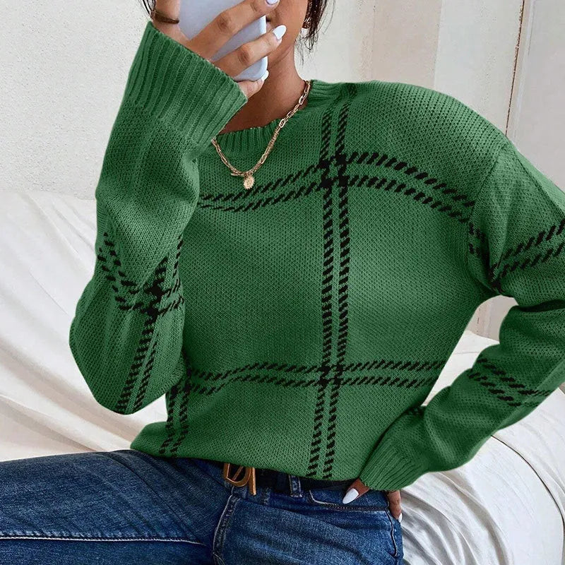 Women's loose casual plaid colour-block crew neck sweater with striped pattern
