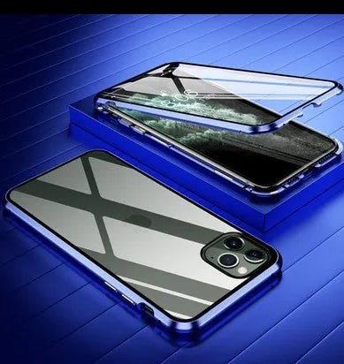 Clamshell anti-spy phone case in six colours showing tempered glass construction for iPhone privacy protection