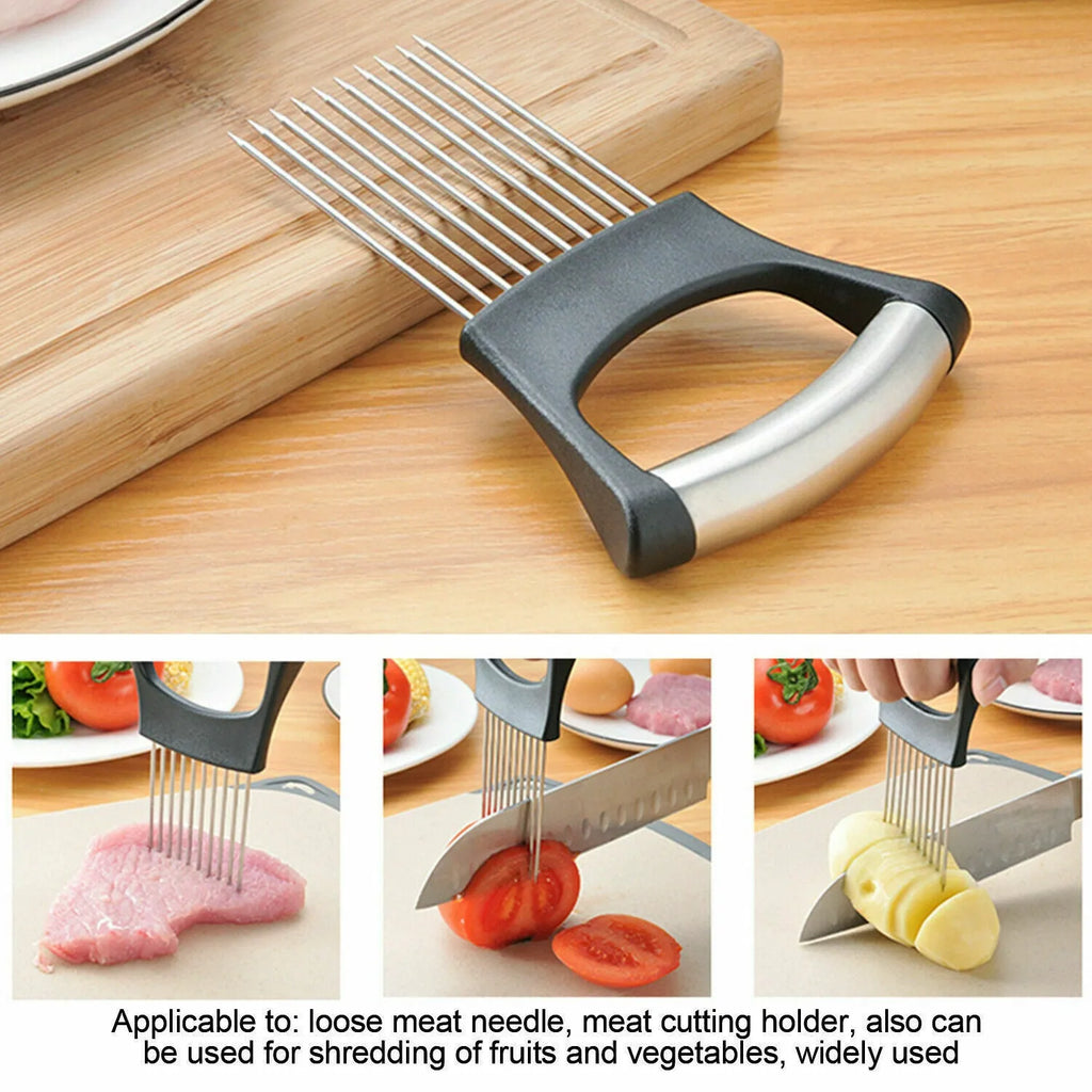 Stainless steel and ABS kitchen food slicer and onion holder on a work surface
