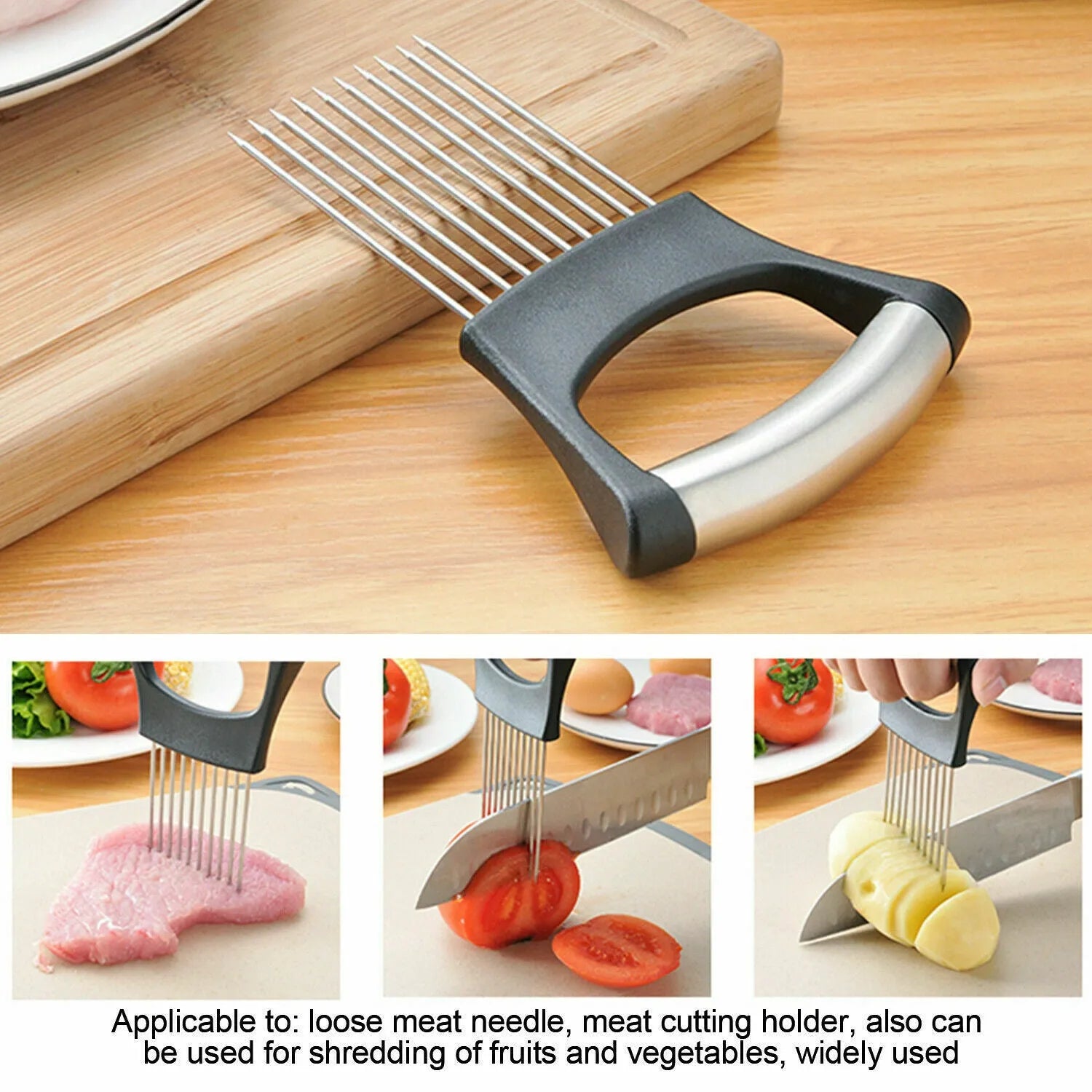 Stainless steel and ABS kitchen food slicer and onion holder on a work surface