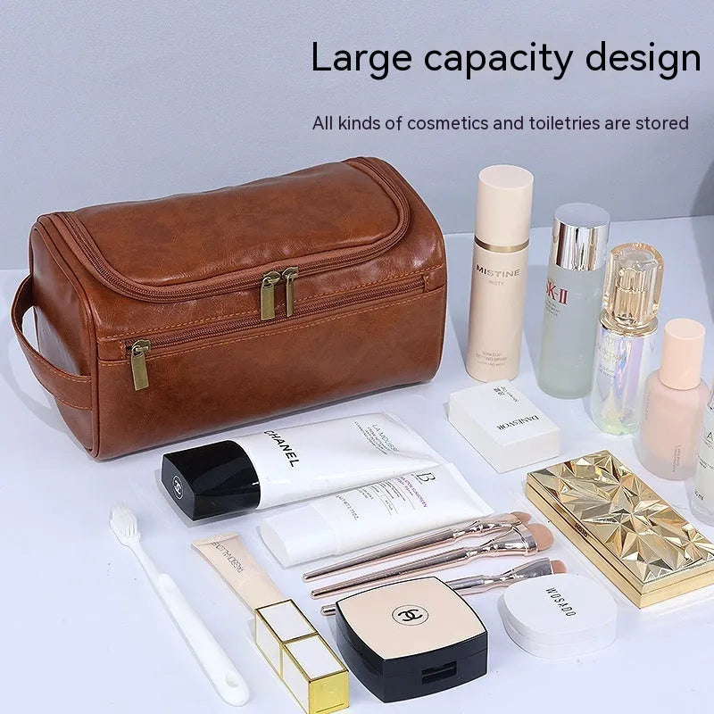 Large capacity men's waterproof cosmetic bag in PU brown with carry handle, 25x14x13cm