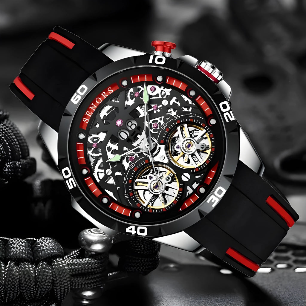 Automatic mechanical men's watch with luminous dial and hollow skeleton design in business style