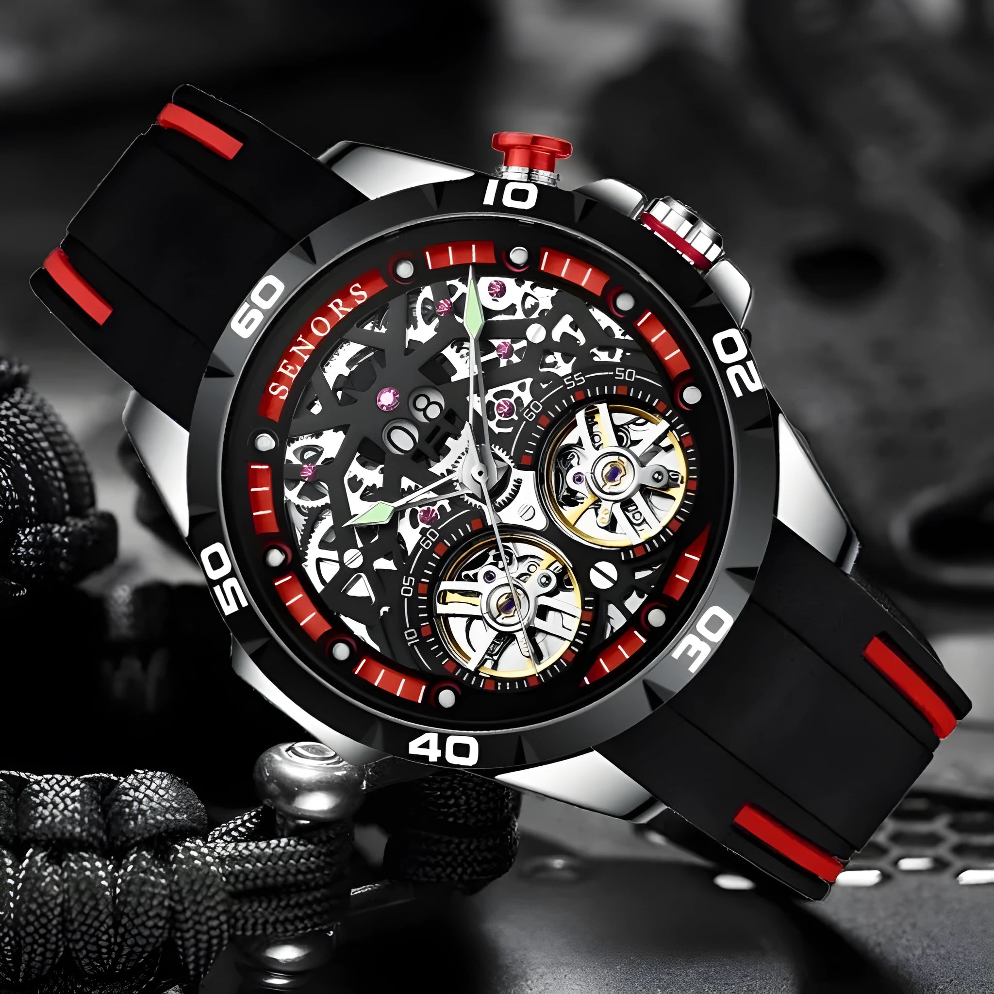Automatic mechanical men's watch with luminous dial and hollow skeleton design in business style