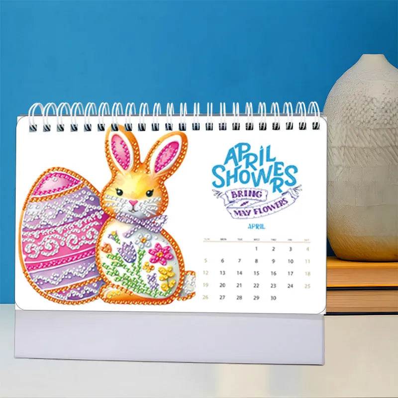 White card desk calendar with cartoon diamond painting and stick-on crystals frameless modern simplicity