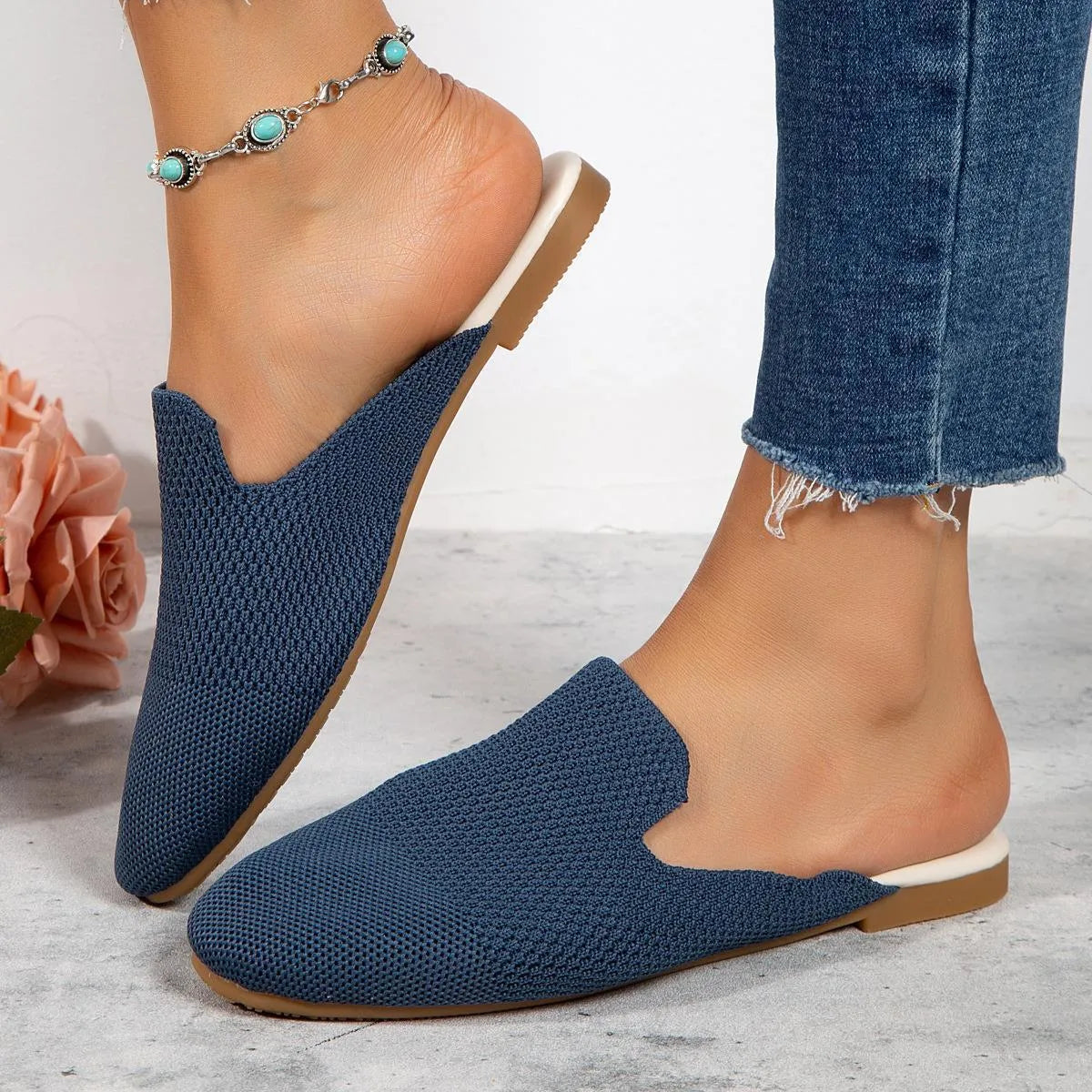 Apricot, blue, and green cloth mesh slip-on sandals with flat rubber soles