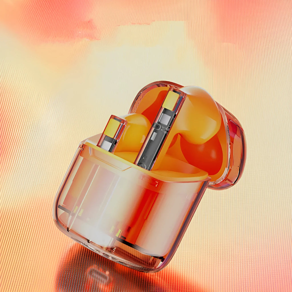 YX06 transparent case TWS wireless headphones in black, white, green, or orange colours with earplugs.