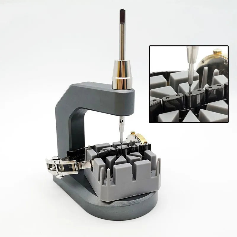 Silver multi-purpose press strap removal tool made from tool steel for watches, jewellery, and electronics.