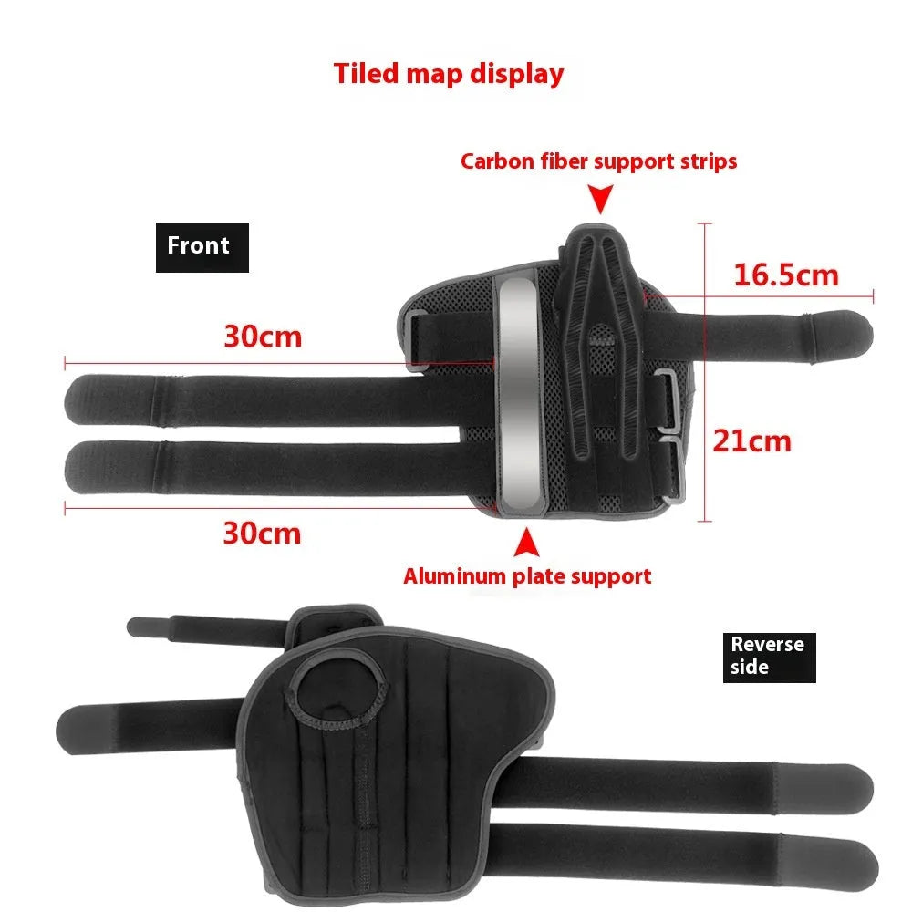 Black carbon fibre pattern wrist guard with grey edging and a thumb strap.