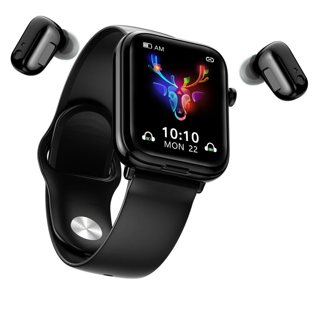 Black zinc alloy smartwatch with 1.69-inch touchscreen next to wireless Bluetooth earbuds and charging case.