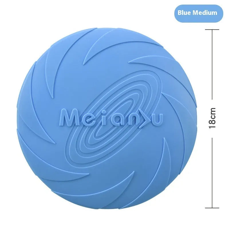 Soft rubber dog frisbee in red, blue and green colour options showing small, medium and large size variations