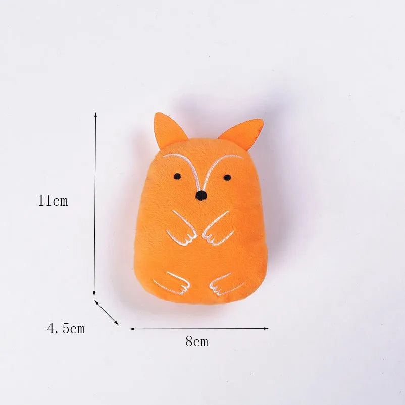 Small plush cat toy with catnip filling for chewing and teeth grinding, shown in assorted colours.