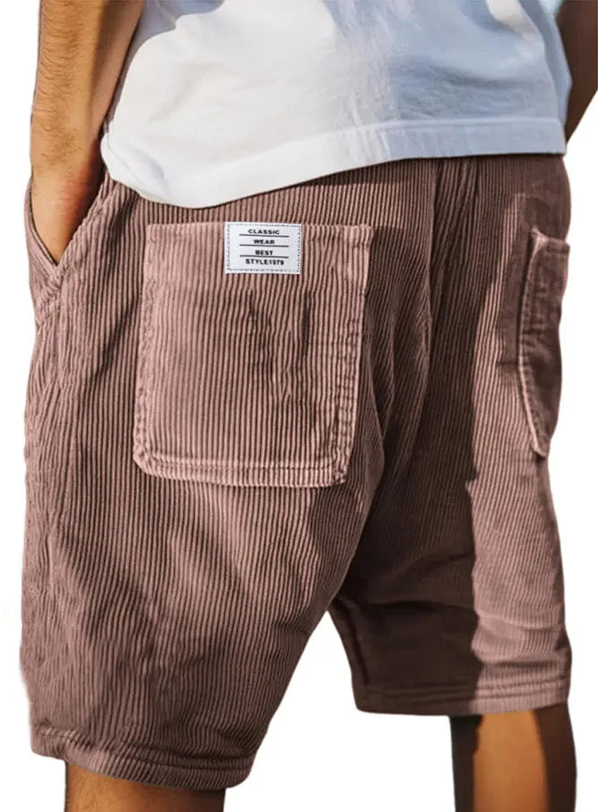 Men's grey corduroy shorts with multiple pockets and embroidery detail, straight-leg summer design