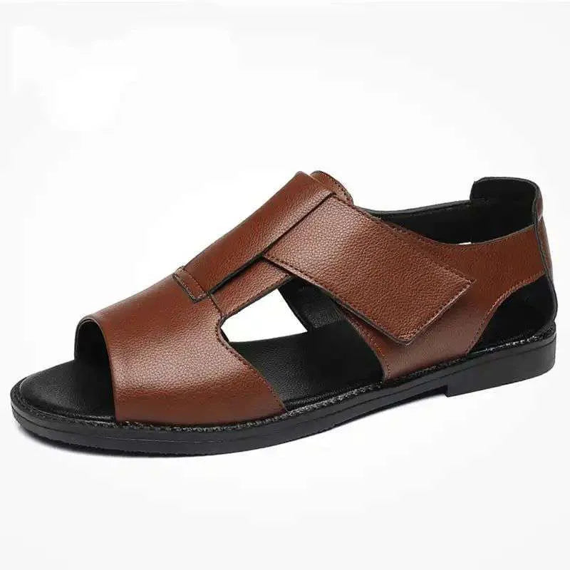 Men's black and brown casual Roman-style sandals with open toe and rubber sole.