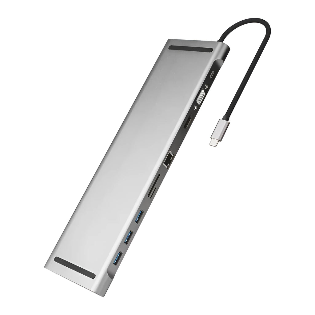 Ten-port USB C hub docking station with aluminium cooling bracket showing HDMI, VGA, and network ports