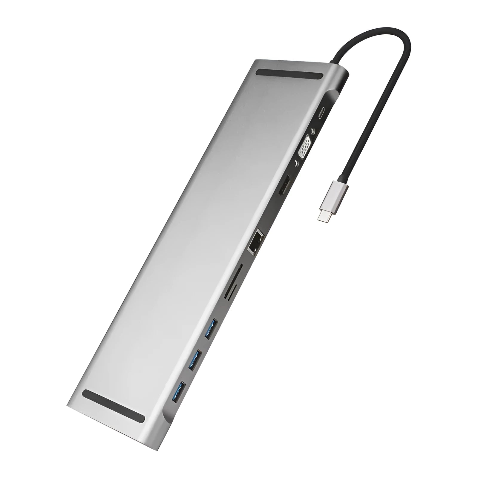 Ten-port USB C hub docking station with aluminium cooling bracket showing HDMI, VGA, and network ports