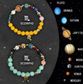 Set of twelve natural stone zodiac bracelets showing detailed astrological charms on stretch cords