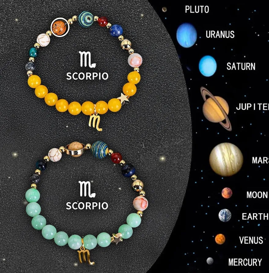 Set of twelve natural stone zodiac bracelets showing detailed astrological charms on stretch cords