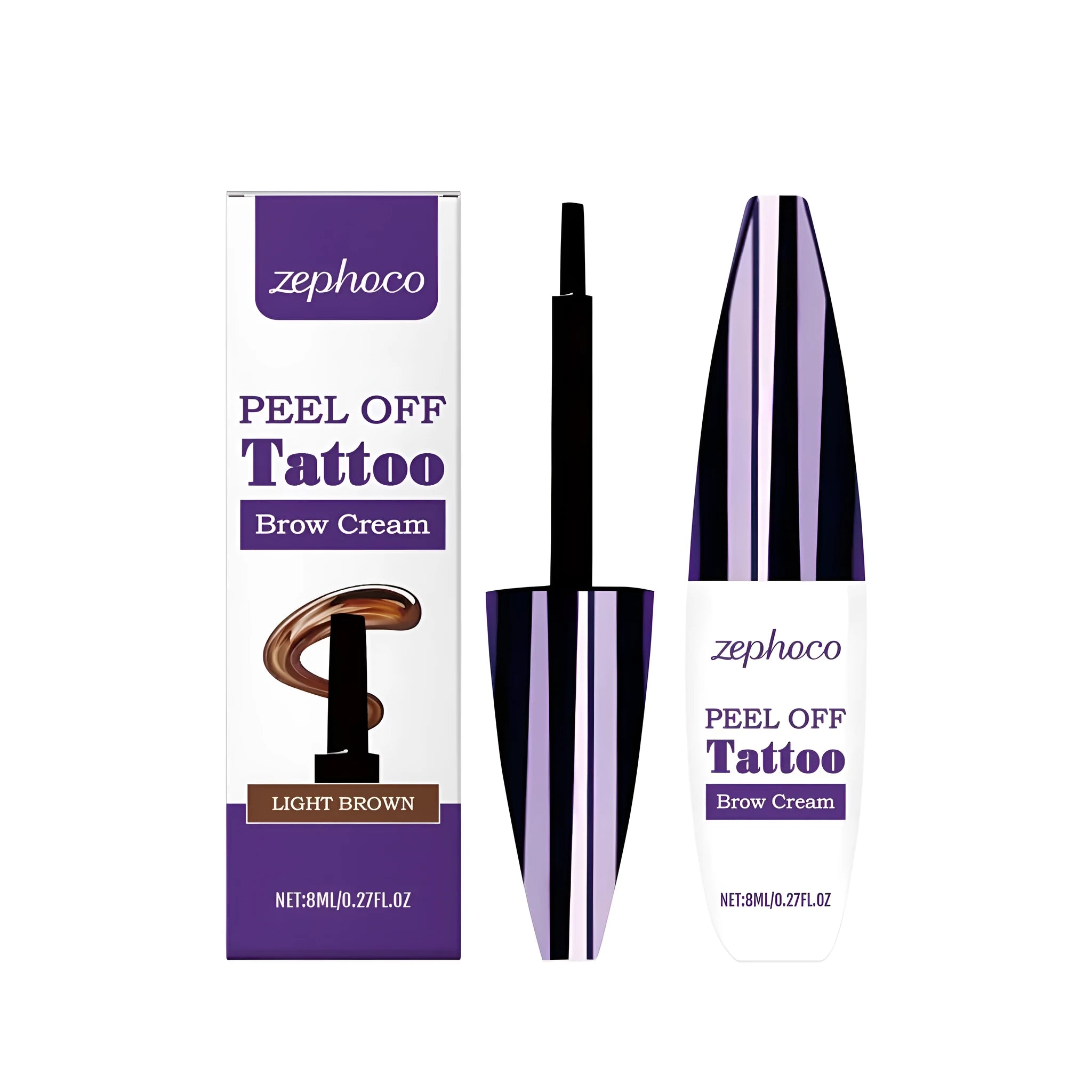Tearable liquid eyebrow pencil in black, brown, and light brown colours.