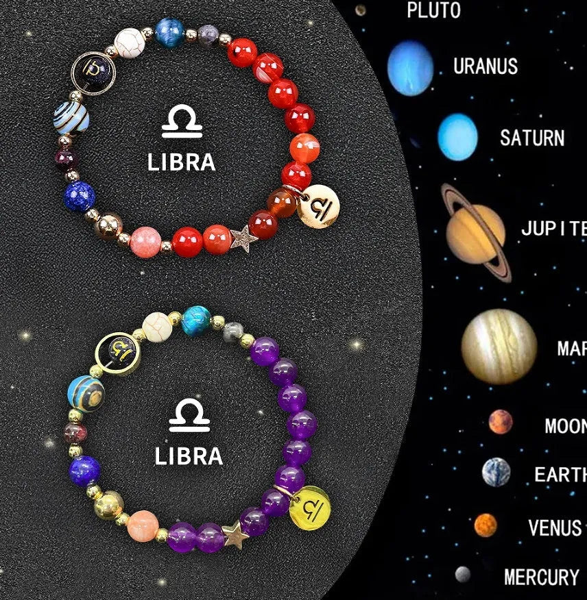 Two natural stone beaded bracelets with zodiac charms on a stretch elastic cord