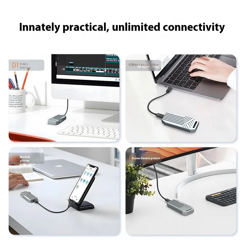 Lightning 4 compatible aluminium external SSD case for M.2 drives in grey and silver.