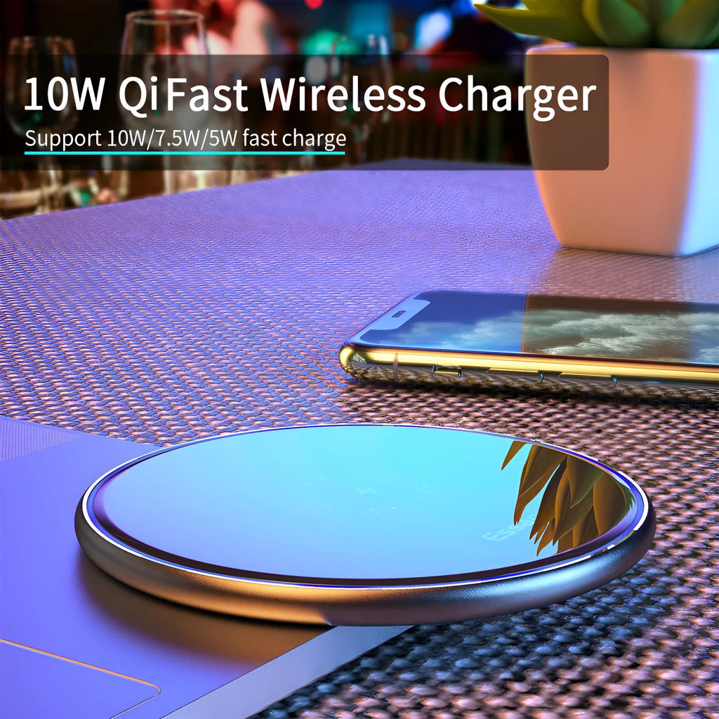 Black or white aluminium alloy 15W Qi wireless charging pad with LED light on a desk.