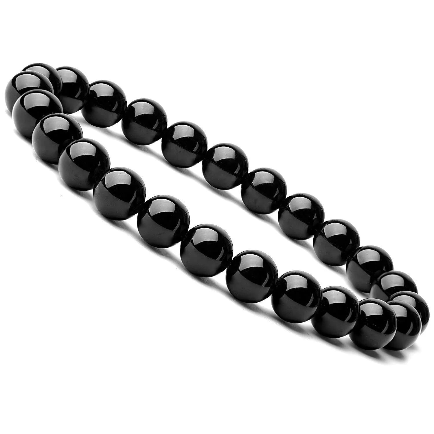 Close-up of a women's geometric bracelet with black agate beads on a black elastic cord.