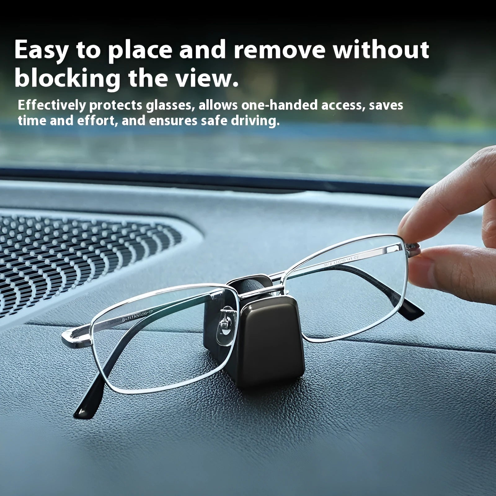 Zinc alloy car glasses clip with leather pad in choice of colours for dashboard or visor.