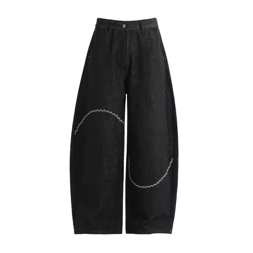 Black straight-leg jeans trousers with mid waist and zip fly in micro-elastic polyester denim fabric