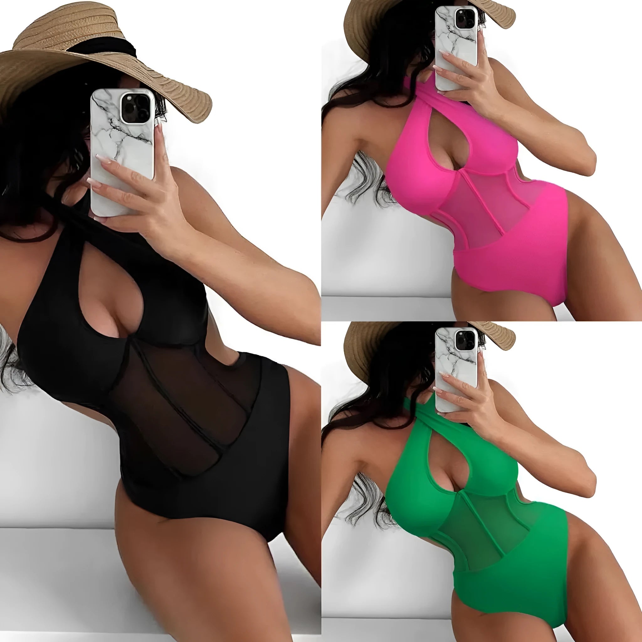 Ladies black one-piece swimsuit with bikini styling in nylon and spandex fabric