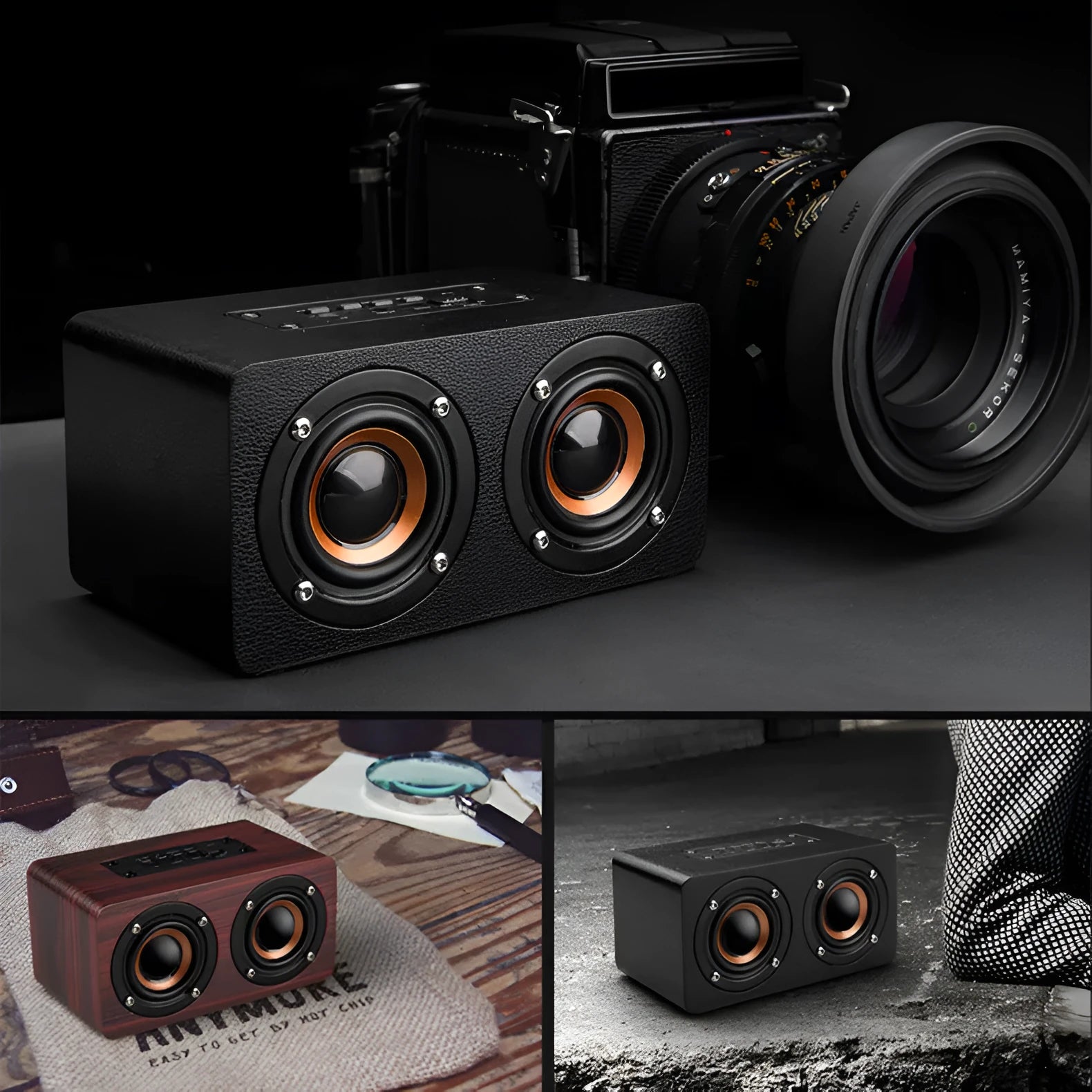 Mini portable Bluetooth speaker with wooden shell, dual speakers, and retro black finish
