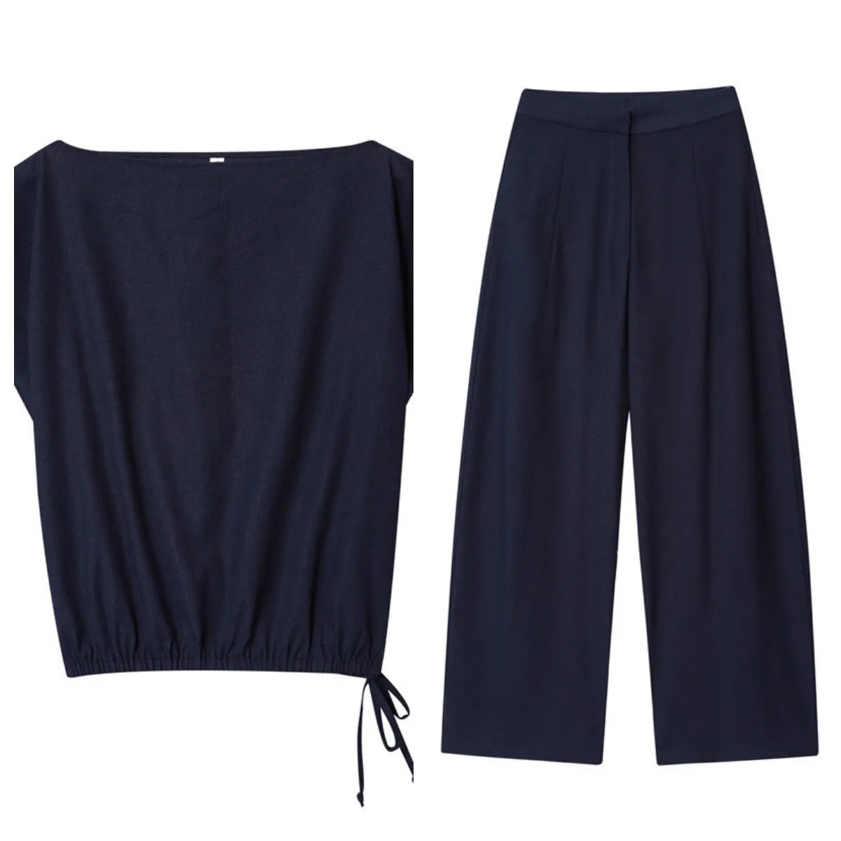 Women's linen blend off-neck shirt with flounced sleeves and wide leg trousers suit set.
