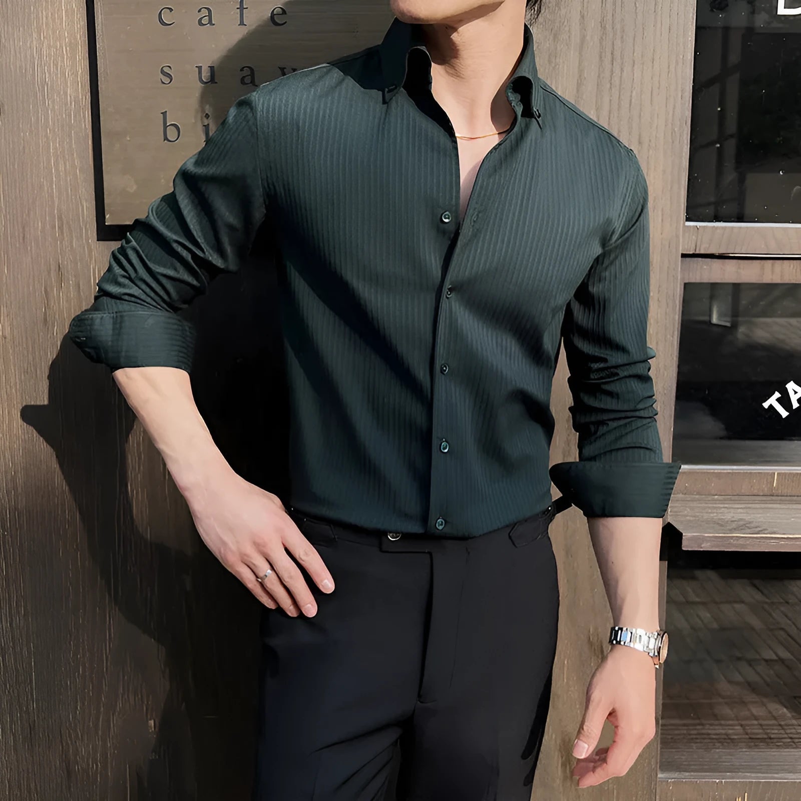 Men's striped V-neck long sleeve casual shirt in a cardigan style, shown in multiple colours.