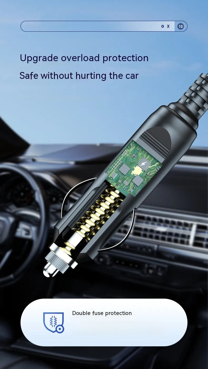 Black cylindrical wireless digital display car air inflator pump with vacuum hose and attachments on a grey background.
