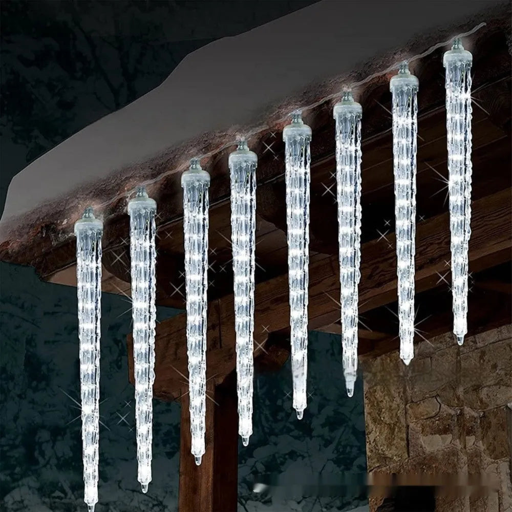 Solar-powered LED ice cone shaped meteor shower garden festoon lamp with remote control.