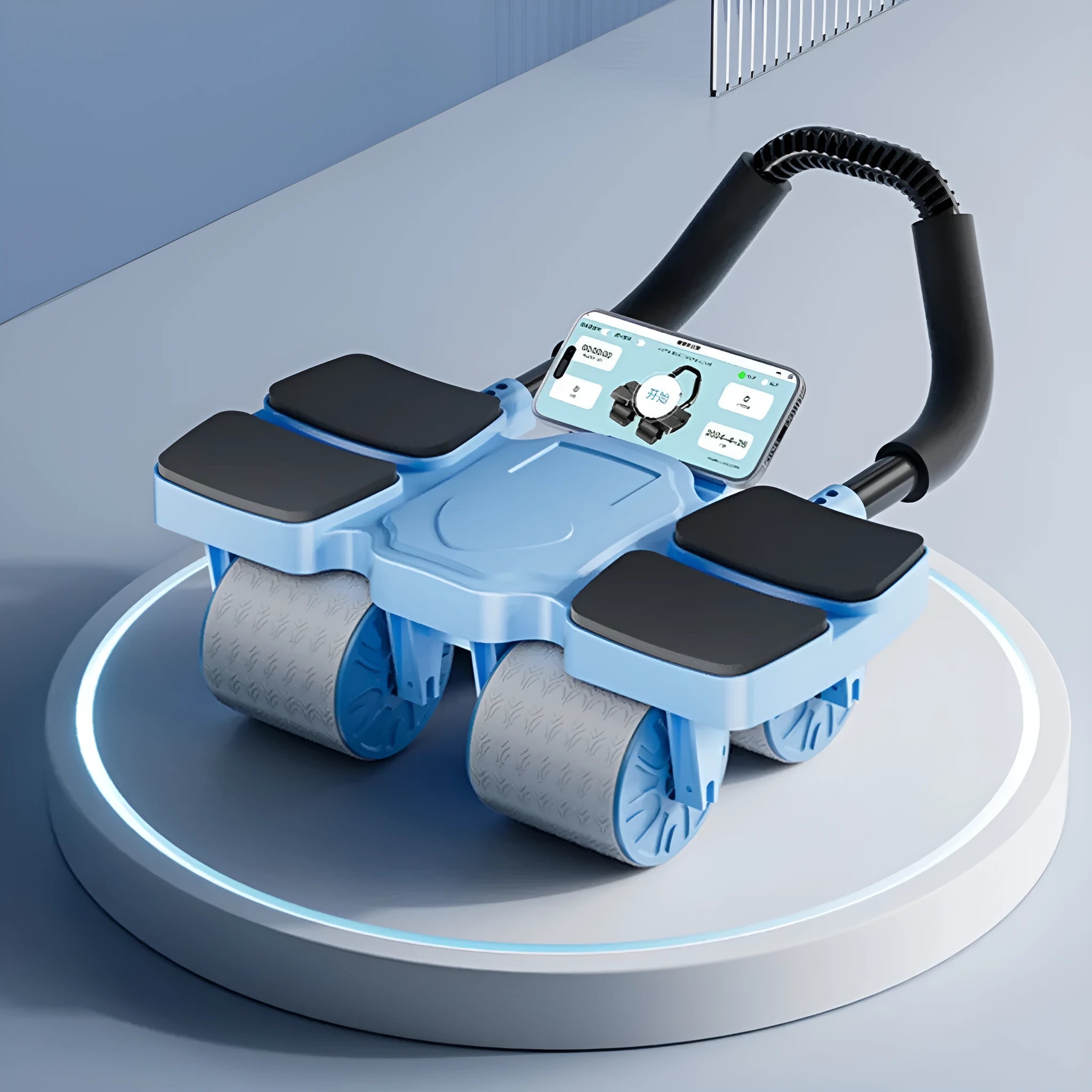 Four-wheel abdominal roller with automatic rebound mechanism in black, blue, or orange.