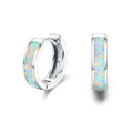 Hinged hug opal earrings in 925 sterling silver white gold plated round hoops for women with multicolour stone