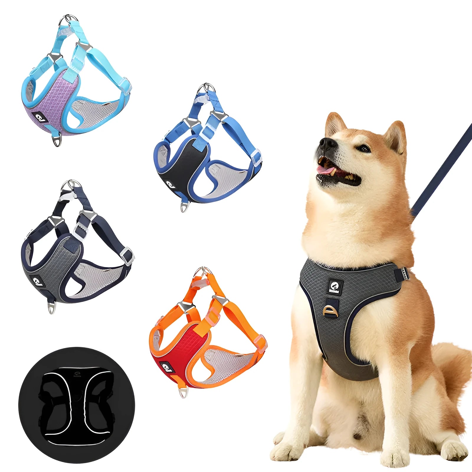 Adjustable mesh dog harness with reflective piping in black, red, gray, or light purple colours