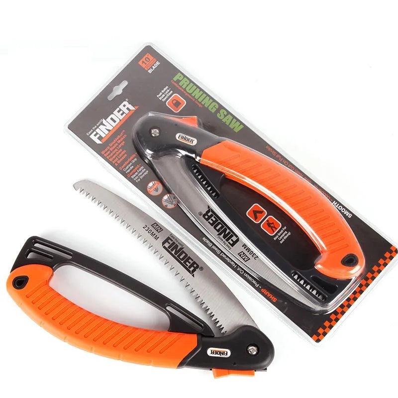 A folding garden hand saw with a TPR rubber handle and a 230mm metal blade, shown both open and closed.