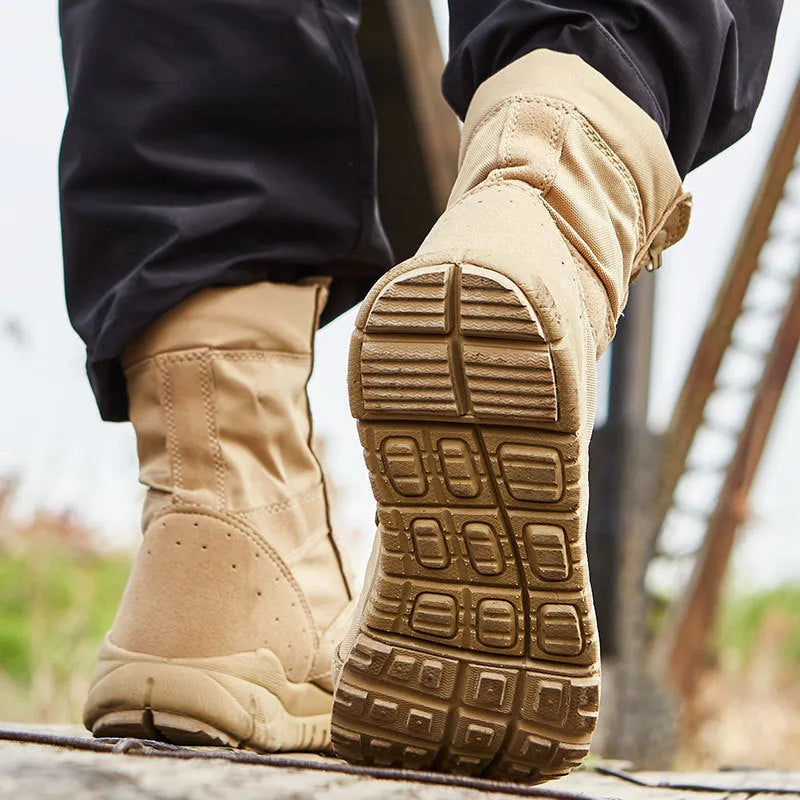 Yulong tactical combat desert boots in black and sand colour options for outdoor sports.