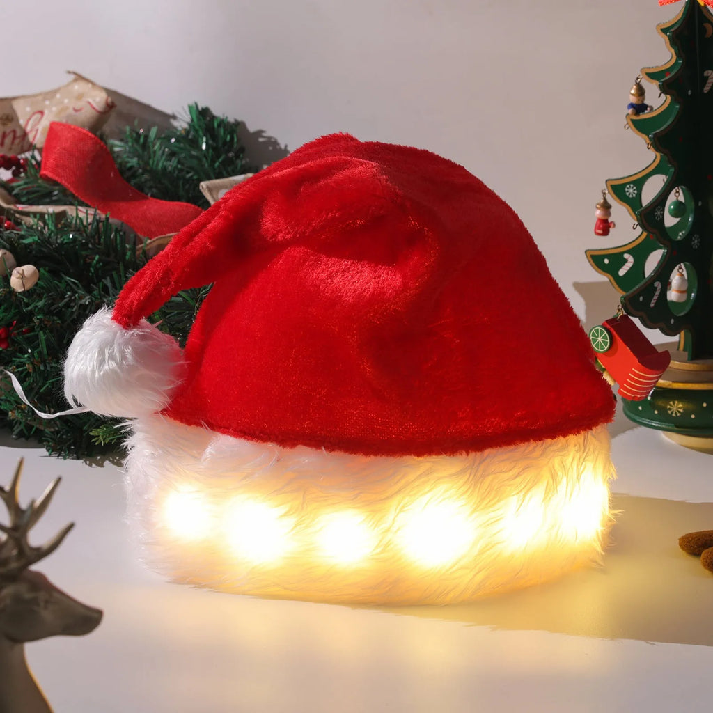 Red and white plush Santa hat with integrated multi-colour LED lights lit up around the brim.
