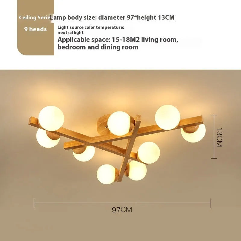 Wooden style modern ceiling lamp with three light heads in Nordic design for living rooms
