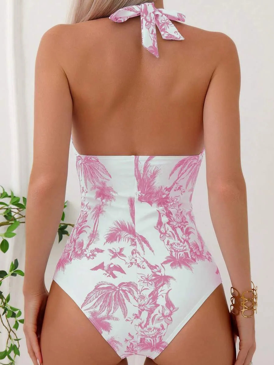 Women's printed V-neck one-piece swimsuit shown in one of seven available colours.