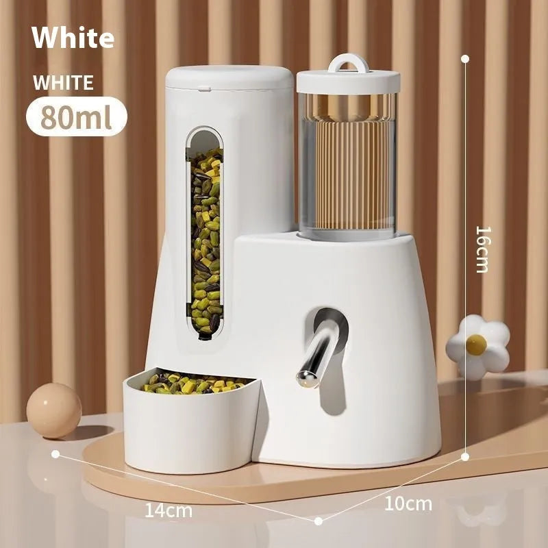 A white, blue, or pink plastic automatic water feeder and food basin for hamsters, available in large or small size.