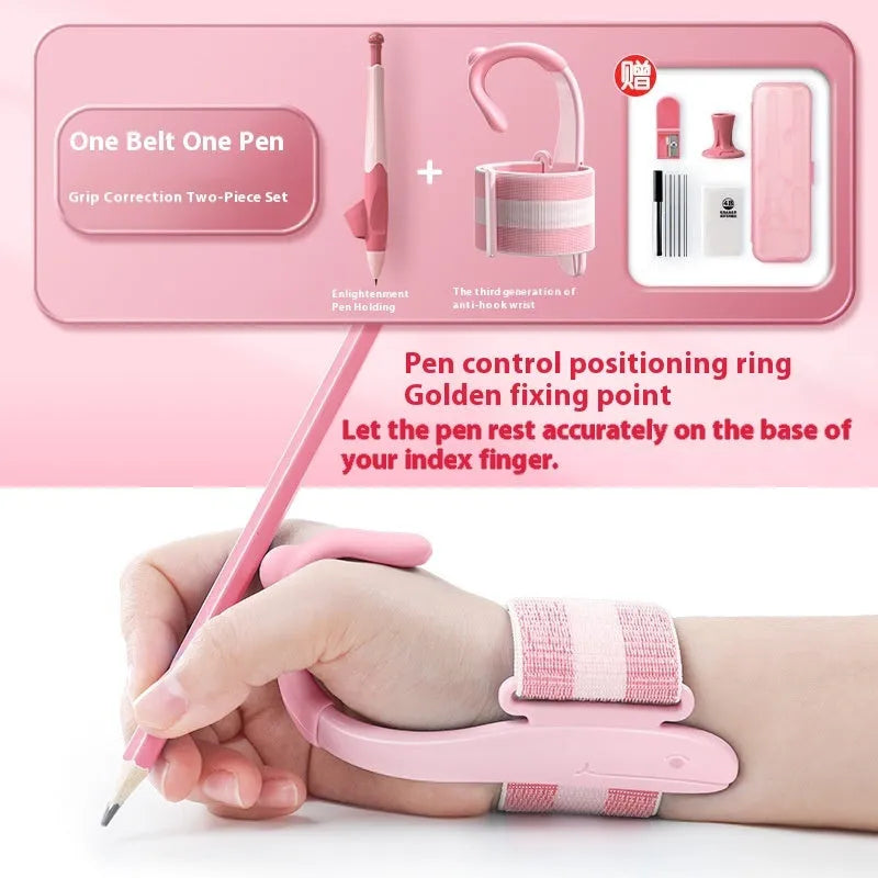 Blue anti-hook wrist brace and pen control corrector for children's writing posture on a table.