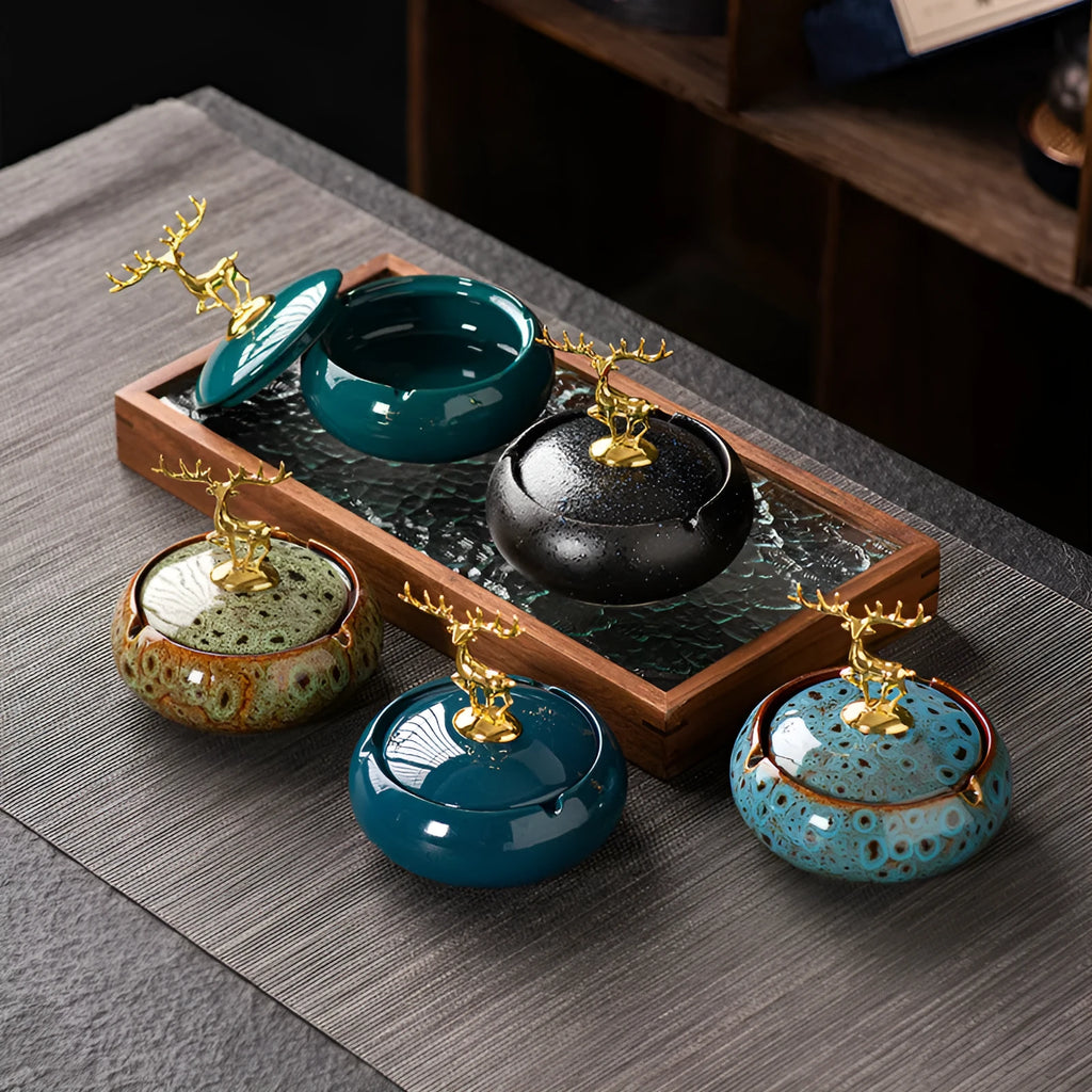 Ceramic ashtray with lid, kiln baked blue finish, simple home smoking accessory