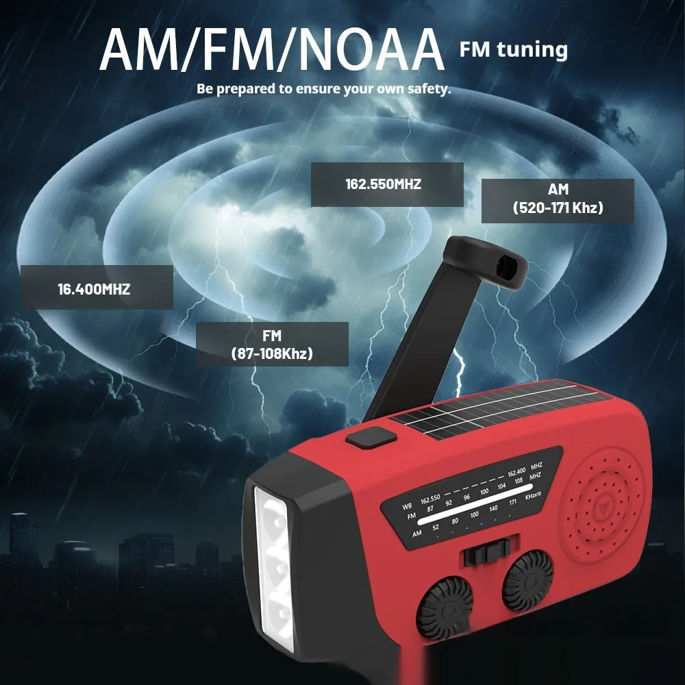 Red rechargeable emergency hand radio torch with AM/FM radio, LED light, and USB power bank functionality