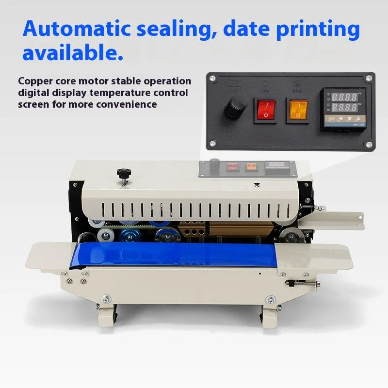 Mini handheld plastic bag sealing machine with integrated date printer on a kitchen counter.