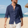 American-style loose-fit linen casual shirt in Army Green, laid flat to show button front and relaxed silhouette.