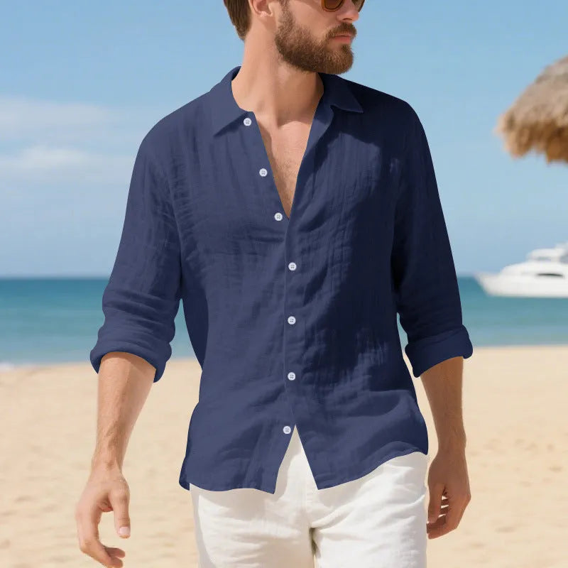 American-style loose-fit linen casual shirt in Army Green, laid flat to show button front and relaxed silhouette.