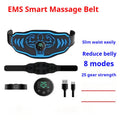 Smart EMS Massage Belt fitness equipment with blue host, main belt, and arm stickers on a grey background.